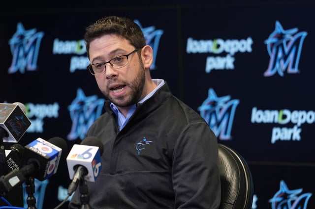 Miami Marlins President of Baseball Operations, Peter Bendix, speaks during an end-of-season news conference, Tuesday, Oct. 1, 2024, in Miami. (AP Photo/Wilfredo Lee)