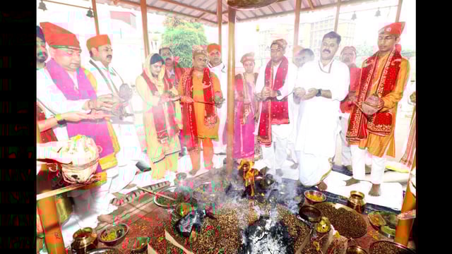 Shri Mata Vaishno Devi shrine board CEO Anshul Garg and other officials performing yagya in Katra on Sunday . (HT Photo)