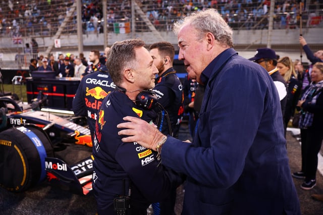 Oracle Red Bull Racing Team Principal Christian Horner talks with Jeremy Clarkson on the grid prior to the F1 Grand Prix of Bahrain at Bahrain International Circuit on March 02, 2024 in Bahrain, Bahrain.