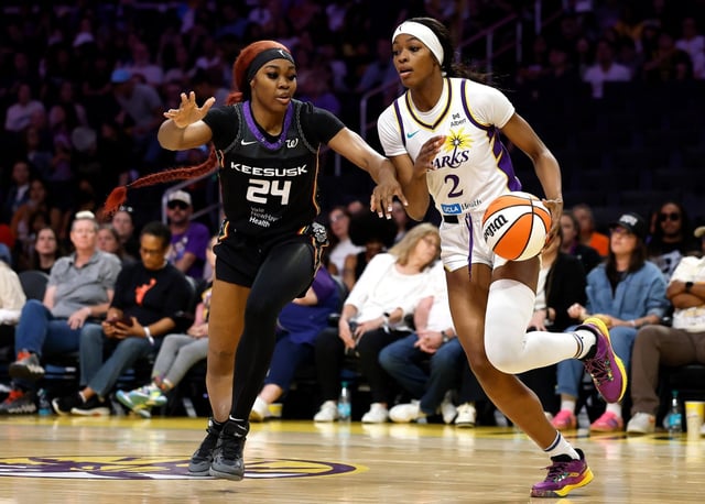 LOS ANGELES, CALIFORNIA – JULY 13: Rickea Jackson #2 of the Sparks controls the ball against Aneesah Morrow #24 of the Connecticut Sun in the first half at Crypto.com Arena on July 13, 2025 in Los Angeles, California. NOTE TO USER: User expressly acknowledges and agrees that, by downloading and or using this photograph, User is consenting to the terms and conditions of the Getty Images License Agreement.  (Photo by Ronald Martinez/Getty Images)