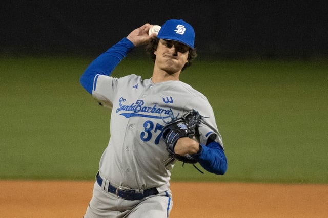FILE – UC Santa Barbara starting pitcher Tyler Bremner (37) throws a pitch during an NCAA baseball game against Loyola Marymount on Monday, March 13, 2023, in Los Angeles (AP Photo/Kyusung Gong, File)