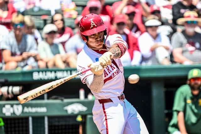 Arkansas batter Wehiwa Aloy (9) against North Dakota State during an NCAA regional baseball game on Friday, May 30, 2025, in Fayetteville, Ark. (AP Photo/Michael Woods)