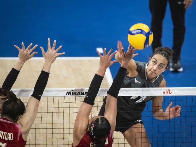 Canada's Andrea Mitrovic hits the ball during the team's narrow victory over Thailand in Volleyball Nations League action in Arlington, Texas, in a Sunday, July 13, 2025, handout photo. THE CANADIAN PRESS/Handout - Volleyball Canada