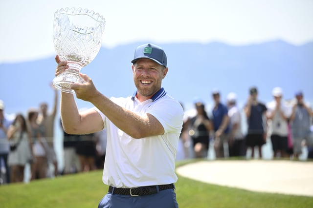 STATELINE, NEVADA - JULY 13: Joe Pavelski celebrates with the trophy after the final round of the American Century Championship at Edgewood Tahoe Golf Course on July 13, 2025 in Stateline, Nevada. (Photo by Eakin Howard/Getty Images)