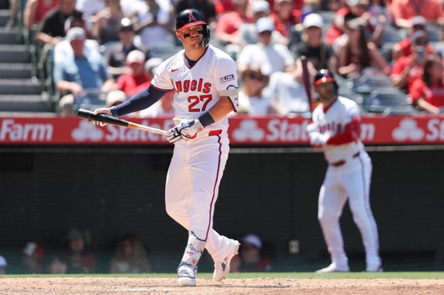 Angels’ Mike Trout looks on after striking out during the sixth inning of a baseball game against the Arizona Diamondbacks in Anaheim, Calif., Sunday, July 13, 2025. (AP Photo/Jessie Alcheh)
