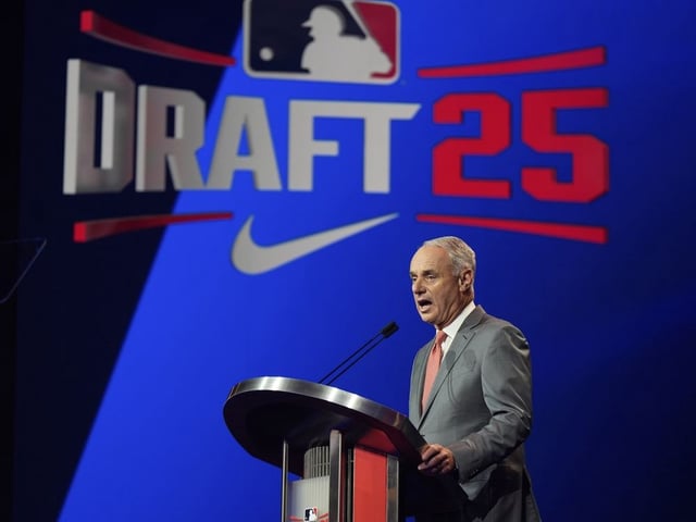 MLB Commissioner Rob Manfred speaks during the first round of the MLB baseball draft Sunday, July, 13, 2025 in Atlanta.