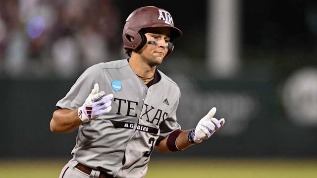 Jun 9, 2024; College Station, TX, USA; Texas A&M infielder Kaeden Kent (3) hits a grand slam in the top of the seventh inning against Oregon at Olsen Field, Blue Bell Park Mandatory Credit: Maria Lysaker-Imagn Images
