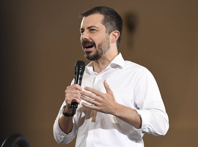FILE - Former U.S. Secretary of Transportation Pete Buttigieg speaks during a VoteVets Town Hall, May 13, 2025, in Cedar Rapids, Iowa. (AP Photo/Cliff Jette, File)