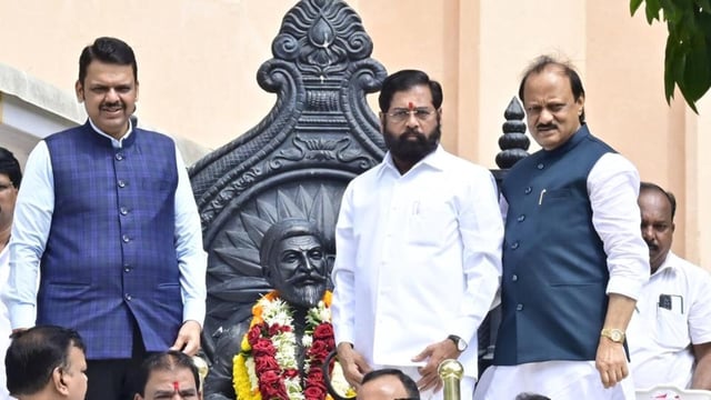 Mumbai, India - June 30, 2025: CM Devendra Fadnavis, Dy CM Eknath Shinde, Dy CM Ajit Pawar and other MLA's pay respect to Chhatrapati SHivaji Maharaj Statue,during the mosoon assembly session at Vidhan Bhavan, in Mumbai, India, on Monday, June 30, 2025. (Photo by Anshuman Poyrekar/ Hindustan Times) (Hindustan Times)