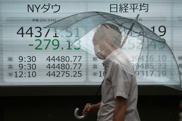 A person walks in front of an electronic stock board showing Japan's Nikkei and New York Dow indexes at a securities firm Monday, July 14, 2025, in Tokyo. (AP Photo/Eugene Hoshiko)