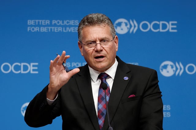 EU trade commissioner Maros Sefcovic gestures as he speaks during a press briefing on the second day of the 2025 Ministerial Council Meeting at the OECD Headquarters in Paris, France, June 4, 2025. REUTERS/Benoit Tessier/File Photo