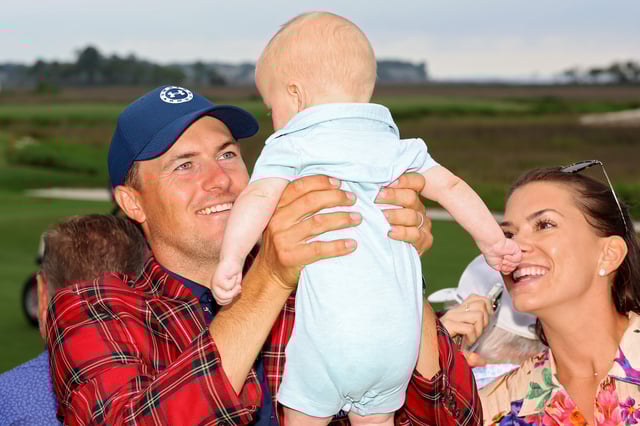 HILTON HEAD ISLAND, SOUTH CAROLINA - APRIL 17: Jordan Spieth celebrates with son Sammy Spieth and wife Annie Verret after winning the RBC Heritage in a playoff at Harbor Town Golf Links on April 17, 2022 in Hilton Head Island, South Carolina. (Photo by Kevin C. Cox/Getty Images)