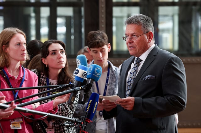 Maros Sefcovic, the European Union's trade chief, is pictured speaking to reporters ahead of an EU Foreign Affairs Council meeting to discuss EU-US trade relations, in Brussels, Belgium on July 14, 2025.