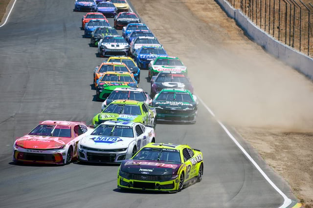 Ryan Blaney, driver of the #12 Menards/Delta Ford, Chase Elliott, driver of the #9 NAPA Auto Parts Chevrolet, and Ty Gibbs, driver of the #54 SAIA LTL Freight Toyota, race during the NASCAR Cup Series Toyota/Save Mart 350 at Sonoma Raceway on July 13, 2025 in Sonoma, California.