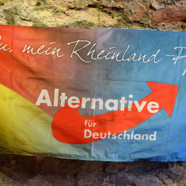 Rheinland-Pfalz, Mainz: Ein Banner hängt bei der Wahlparty der rheinland-pfälzischen AfD im Gewölbekeller von Burg Weisenau