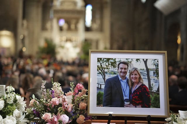 Pictures of Mark and Melissa Hortman were on display inside the sanctuary at the Basilica of St. Mary's during funeral services for the slain Democratic lawmaker and her husband, in Minneapolis, Minnesota, June 28, 2025. 