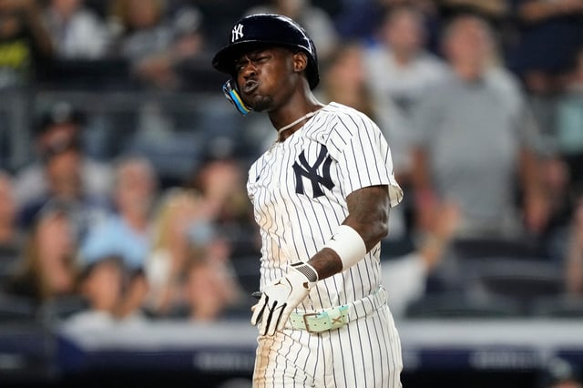 New York Yankees&#39; Jazz Chisholm Jr. reacts after hitting a fly during the ninth inning of a baseball game against the Seattle Mariners, Thursday, July 10, 2025, in New York. (AP Photo/Yuki Iwamura)