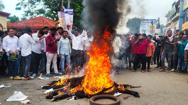 Members of Biju Chhatra Janata Dal stage a protest after Fakir Mohan College student attempted self-immolation for allegedly being denied justice over sexual harassment by a teacher.