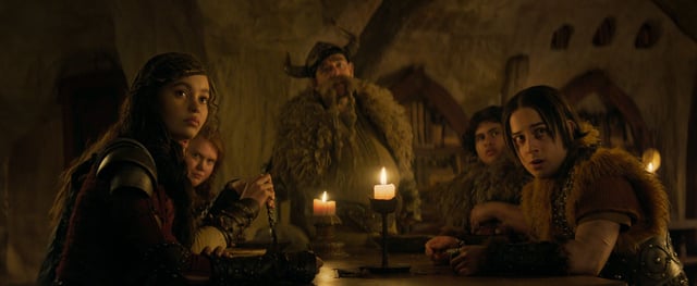 Gobber (Nick Frost) trains a new generation of dragon slayers: Astrid (Nico Parker), Ruffnut (Bronwyn James), Fishlegs (Julian Dennison) and Snotlout (Gabriel Howell) in "How to Train Your Dragon."