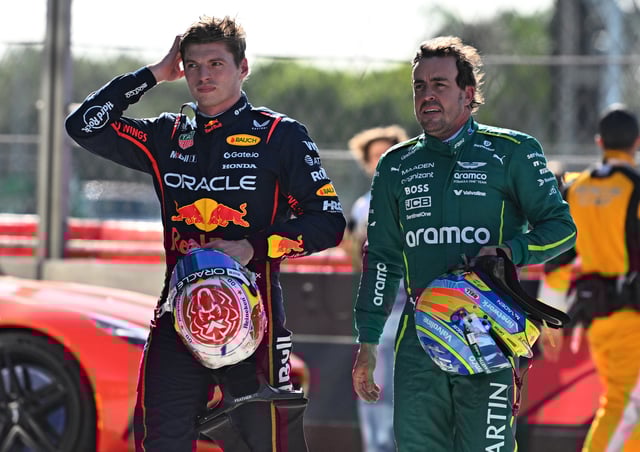 Max Verstappen of the Netherlands and Oracle Red Bull Racing and Fernando Alonso of Spain and Aston Martin F1 Team in parc ferme during Sprint qualifying ahead of the F1 Grand Prix of Miami at Miami International Autodrome on May 02, 2025 in Miami, Florida.