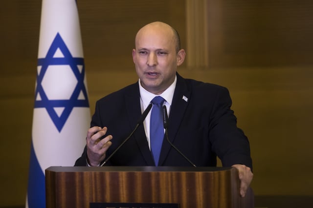 Former Israeli Prime Minister Naftali Bennet gives a statement to the press on June 29, 2022 in Jerusalem, Israel.