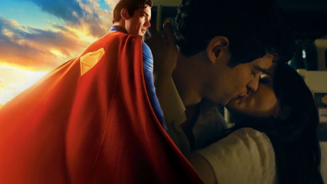 David Corenswet's Superman in costume and Clark and Lois kissing
