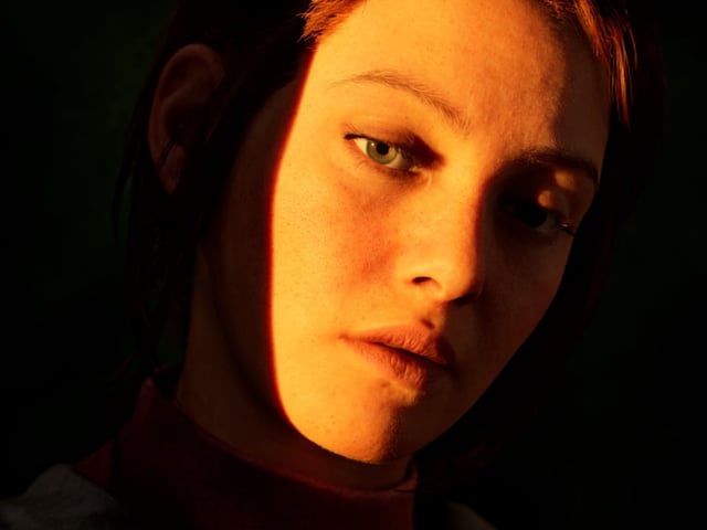 Hanna's face, half-lit by a sunset.