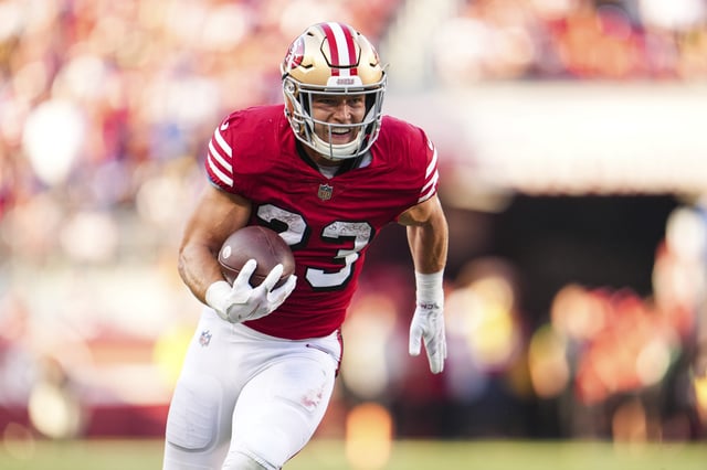 Christian McCaffrey #23 of the San Francisco 49ers runs the ball at Levi&#39;s Stadium on September 21, 2023 in Santa Clara, California.