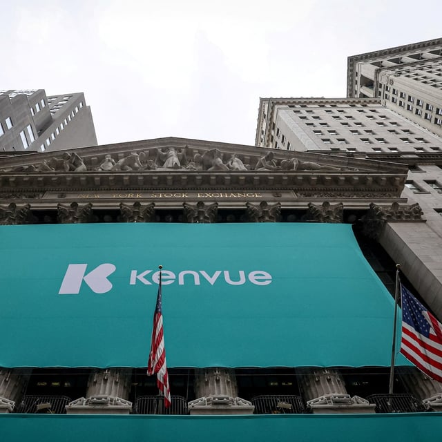 FILE PHOTO: The company logo for Kenvue Inc. Johnson & Johnson's consumer-health business, is displayed on during the company's IPO at the New York Stock Exchange (NYSE) in New York City, U.S., May 4, 2023.  REUTERS/Brendan McDermid/File Photo