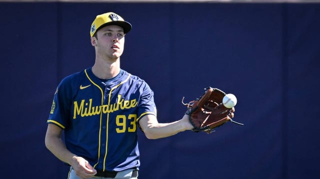 Brewers top pitching prospect Jacob Misiorowski at Milwuakee’s spring training facility in February 2025.
