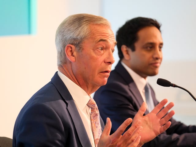 LONDON, UNITED KINGDOM - JUN 23, 2025 - Nigel Farage and Zia Yususf at the policy launch for Reform UK "Britannia card" non - Dom status. (Photo credit should read Matthew Chattle/Future Publishing via Getty Images)
