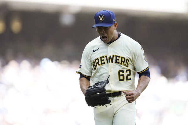 MILWAUKEE, WISCONSIN - JULY 09: Jose Quintana #62 of the Milwaukee Brewers reacts after getting Tommy Edman #25 of the Los Angeles Dodgers to ground out to end the top of the sixth inning at American Family Field on July 09, 2025 in Milwaukee, Wisconsin.