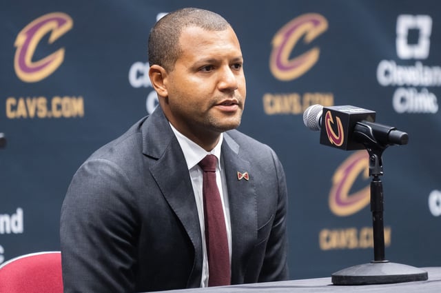 Oct 2, 2023; Cleveland, OH, USA;  Cleveland Cavaliers general manager Koby Altman talks to the media during media day at Rocket Mortgage FieldHouse. Mandatory Credit: Ken Blaze-USA TODAY Sports/File photo