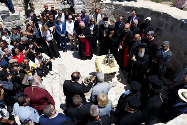 Church leaders and diplomatic envoys visit the town of Taybeh, a Chrisian village in the Israeli-Occupied West Bank, following settler attacks, July 14, 2025. REUTERS/ Mohammed Torokman