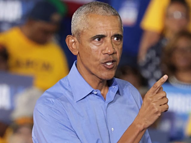 CLARKSTON, GEORGIA - OCTOBER 24: Former U.S. President Barack Obama speaks during a campaign event for Democratic presidential nominee, U.S. Vice President Kamala Harris, at the James R Hallford Stadium on October 24, 2024 in Clarkston, Georgia. Harris and Republican presidential nominee, former U.S. President Donald Trump, continue campaigning in battleground swing states before the November 5th election. (Photo by Alex Wong/Getty Images)