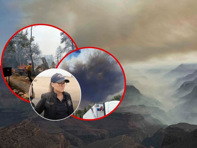 Incendio forestal al borde Norte del Gran Cañón destruye albergue histórico y se propaga rápidamente. La gobernadora Katie Hobbs pide rendición de cuentas al Servicio de Parques Nacionales. | Crédito: AP/IG @govhobbs