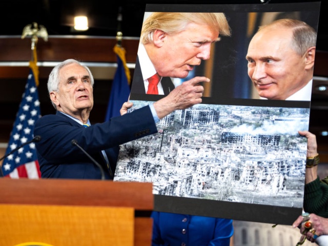 WASHINGTON, DC - FEBRUARY 24: U.S. Rep. Lloyd Doggett (D-TX) points to a photograph of Donald Trump and Vladimir Putin while speaking as Rep. Sean Casten (D-IL) looks on during a news conference hosted by Rep. Marcy Kaptur (D-OH) and other members of the Congressional Ukraine Caucus at the Capitol on February 24, 2025 in Washington, DC. The bi-partisan group's event coincided with the third anniversary of Russia's invasion of Ukraine. (Photo by Kent Nishimura/Getty Images)