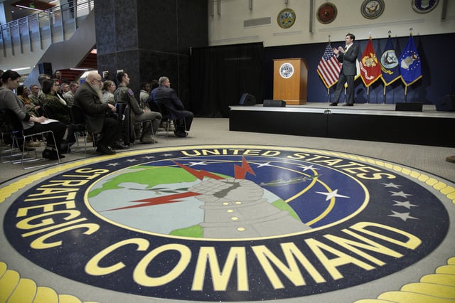 FILE - U.S. Secretary of Defense Mark Esper holds a Q&A session during a visit to the U.S. Strategic Command at Offutt AFB, Neb., Feb. 20, 2020. (AP Photo/Nati Harnik, file)