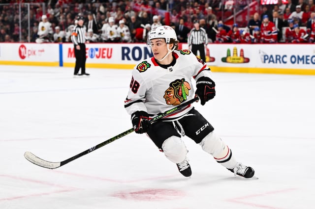 MONTREAL, CANADA – APRIL 14: Connor Bedard #98 of the Chicago Blackhawks skates during the third period against the Montreal Canadiens at the Bell Centre on April 14, 2025 in Montreal, Quebec, Canada.  The Chicago Blackhawks defeated the Montreal Canadiens 4-3 in a shootout.  (Photo by Minas Panagiotakis/Getty Images)