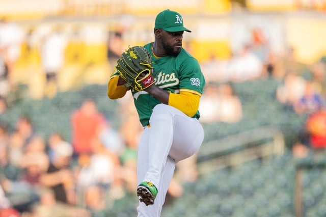 SACRAMENTO, CALIFORNIA - JULY 11: Luis Severino #40 of the Athletics pitches in the top of the first inning against the Toronto Blue Jays at Sutter Health Park on July 11, 2025 in Sacramento, California.