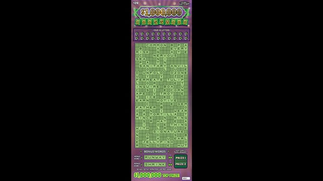 $1,000,000 Crossword is played by scratching off letters in the ticket’s crossword. The first of six top prizes was claimed.