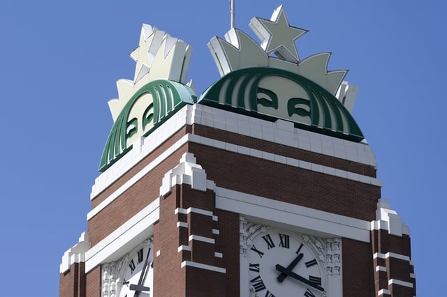 FILE - The Starbucks mermaid logo is displayed at the company's corporate headquarters in Seattle on April 26, 2021. (AP Photo/Ted S. Warren, File)