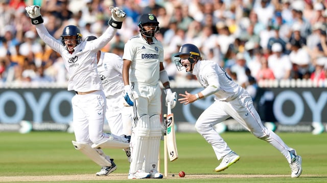Jubilation and despair in one frame. A highly unfortunate end to a match that will be remembered as a classic, as Mohammed Siraj played one that trickled onto his own stumps. A 22-run for England that not many will soon forget.
