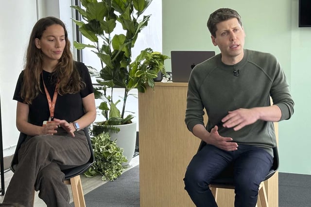 OpenAI CEO Sam Altman, right, and chief technology officer Mira Murati are depicted in the film “Artificial,” which is set to begin filming this year. Andrew Garfield has signed to play Altman, and Monica Barbaro is to play Murati.