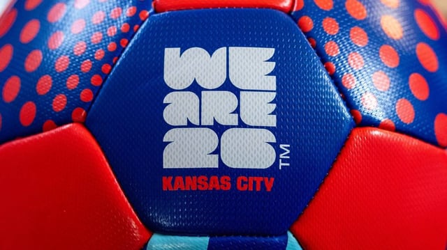 A soccer ball featuring the FIFA World Cup Kansas City logo is displayed at the One Year To Go press conference for the FIFA World Cup at Union Station on Wednesday, June 11, 2025, in Kansas City.