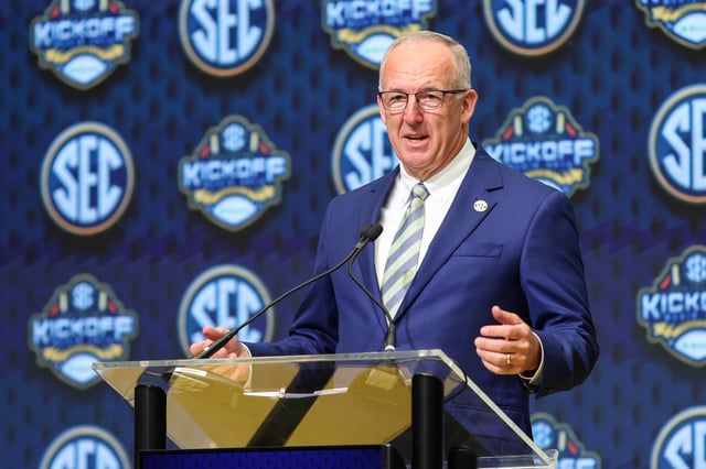 Jul 16, 2025; Atlanta, GA, USA; SEC commissioner Greg Sankey speaks to the media during the SEC Media Day at Omni Atlanta Hotel. Mandatory Credit: Jordan Godfree-Imagn Images/File Photo