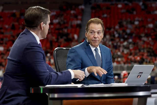 Nick Saban commentates on the ESPN College Gameday desk prior to the 2024 SEC Championship between the Texas Longhorns and the Georgia Bulldogs at Mercedes-Benz Stadium on December 07, 2024 in Atlanta, Georgia.