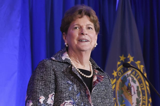 FILE - Sen. Jeanne Shaheen, D-N.H., speaks during the McIntyre-Shaheen 100 Club Dinner, April 27, 2025, in Manchester, N.H. (AP Photo/Reba Saldanha, File)