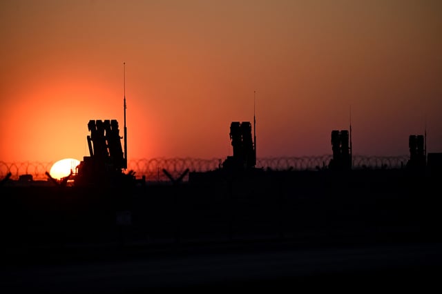 This photograph taken during sunset on March 6, 2025 shows Patriot air defence systems installed at the Rzeszow-Jasionka airport, a logistics hub for US and European military aid to Ukraine, in Jasionka, south-eastern Poland.