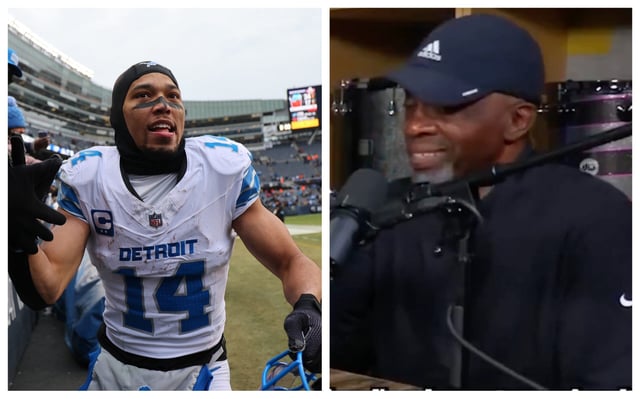 Amon-Ra St. Brown #14 of the Detroit Lions high fives fans after the game against the Chicago Bears at Soldier Field on December 22, 2024 in Chicago, Illinois. (Photo by Michael Reaves/Getty Images), Screenshot from X